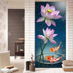 Tranh decor hoa sen và đàn cá chép trong đêm huyền ảo