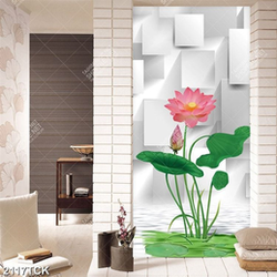 Tranh bông hoa sen hồng trong hồ cá chép vàng rực rỡ