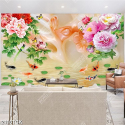 Tranh những cành hoa mẫu đơn bên hồ cá chép vàng