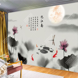 Tranh hoa sen cá chép dưới ánh trăng sáng soi về đêm