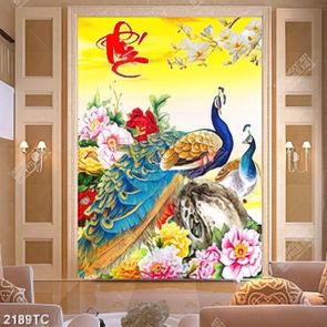 Tranh thư pháp chữ Phúc và chim công