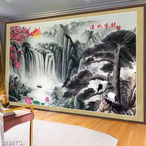 Tranh sơn dầu thác và cây đào