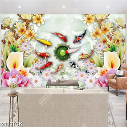 Tranh cá chép bên những bông hoa mộc lan in 3d