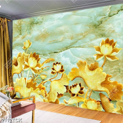 Tranh giả ngọc hồ hoa sen vàng và đàn cá chép bơi lội