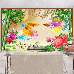 Tranh in tường đầm hoa sen giả ngọc và cá chép vàng