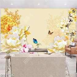 Tranh nghệ thuật đàn bướm bay bên bông mẫu đơn vàng Tranh nghệ thuật đàn bướm bay bên bông mẫu đơn vàng