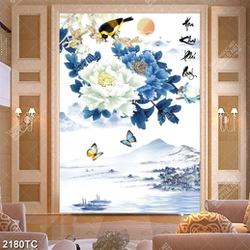 Tranh hoa mẫu đơn xanh và nền phong thủy