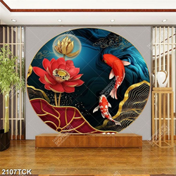 Tranh bông hoa sen màu đỏ bên chú cá chép vàng in 3d