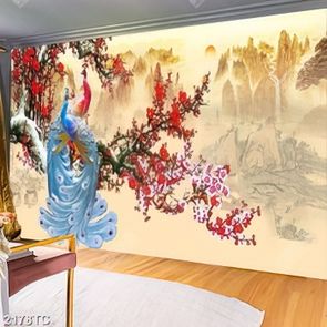 Tranh chim công và hoa đào mùa xuân