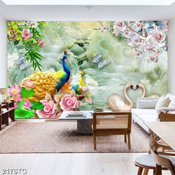 Tranh chim công và chim thiên nga nền gỉa ngọc