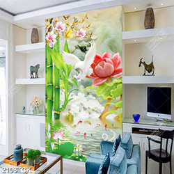 Tranh in uv chú chim đại bàng trắng bên hồ hoa sen hồng