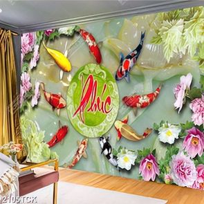 Tranh đàn cá chép bơi tung tăng bên chữ phúc psd