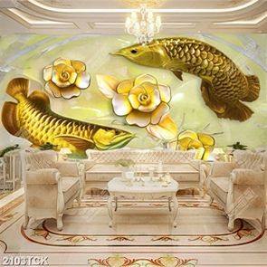 Tranh decor đàn cá chép tung tăng trong hồ sen khoe sắc