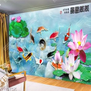 Tranh bông hoa sen trắng bên đôi cá chép vàng xinh đẹp