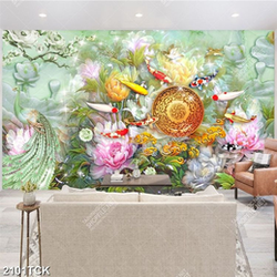 Tranh đàn bướm xinh trên hồ cá chép hoa sen hồng