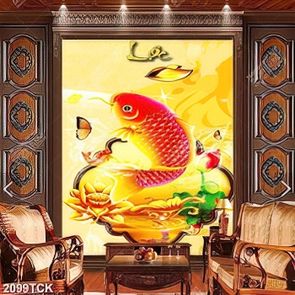 Tranh hoa sen cá chép bên chữ lộc trang trí tường