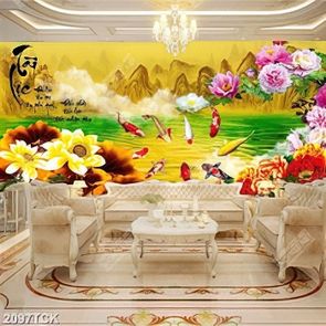 Tranh đàn cá chép bên hồ hoa sen vàng và mẫu đơn