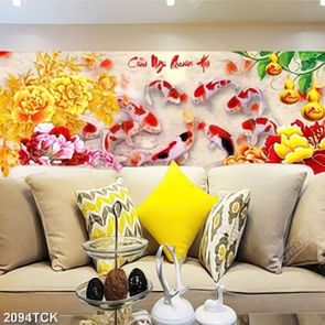 Tranh in canvas đàn cá chép bên bông hoa mẫu đơn đỏ