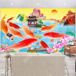 Tranh thủy mạc đầm hoa sen và đàn cá chép vàng in 8d