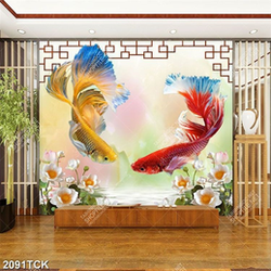 Tranh in uv đôi cá chép quẩy đuôi bên hồ hoa sen hồng