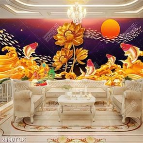 Tranh hồ hoa sen và cá chép dưới ánh trăng vàng psd