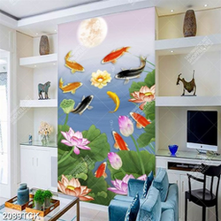 Tranh psd hoa sen cá chép dưới ánh trăng về đêm