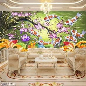 Tranh bông hoa sen tím và cá chép bên cành anh đào
