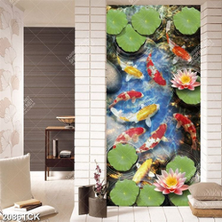 Tranh đàn cá chép trong hồ hoa sen hồng sơn dầu psd