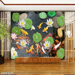 Tranh sơn dầu đàn cá chép trong hồ hoa sen khoe sắc