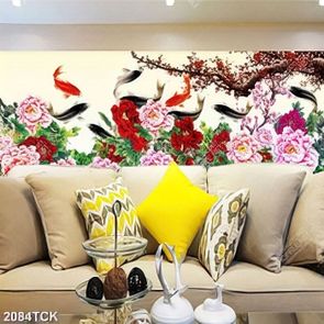 Tranh đàn cá chép bên vườn mẫu đơn trang trí tường