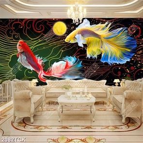 Tranh hai chú cá chép màu sắc rực rỡ bên trăng vàng