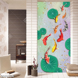 Tranh nghệ thuật lá sen và đàn cá chép bơi tung tăng