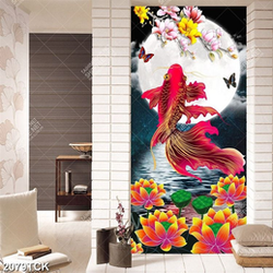 Tranh in canvas chú cá chép màu đỏ bên trăng tròn