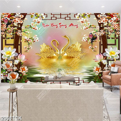 Tranh đôi thiên nga vàng trong hồ hoa sen trắng in 5d