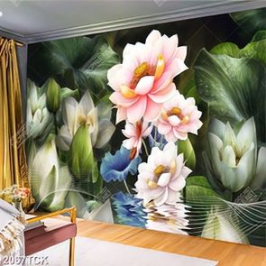 Tranh giả ngọc hoa sen hồng trong hồ cá chép về đêm