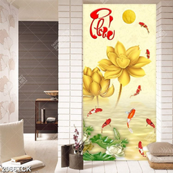 Tranh in tường những bông sen vàng bên cá chép vàng