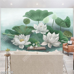 Tranh nghệ thuật sơn dầu hoa sen trắng trong hồ cá chép