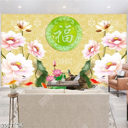 Tranh trang trí hồ hoa sen hồng khoe sắc bên chữ hán