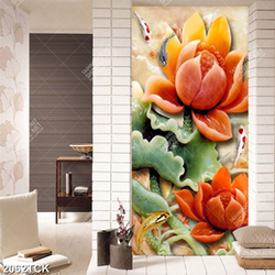 Tranh giả ngọc bông hoa sen đỏ bên cá chép vàng in 3d