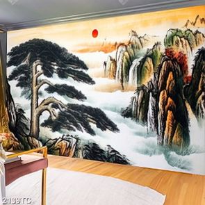 Tranh sơn dầu cây tùng và thác nước