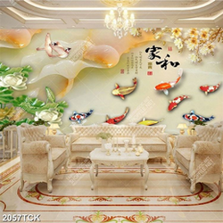 Tranh bông hoa sen trắng và đàn cá koi trong hồ nước