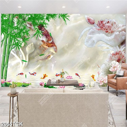 Tranh giả ngọc hồ cá chép vàng bên bụi tre xanh in tường