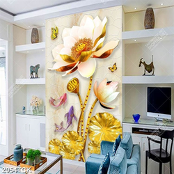 Tranh hoa sen dáp vàng và cá chép vàng trang trí tường