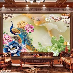Tranh chim công và hoa mẫu đơn nền giả ngọc