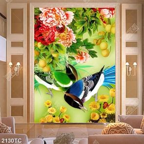 Tranh sơn dầu chim và hoa mẫu đơn