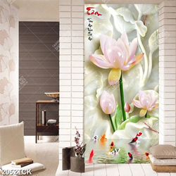 Tranh giả ngọc hoa sen hồng và cá chép bơi tung tăng