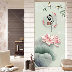 Tranh nghệ thuật hoa sen và chú chim trên cây tre xanh