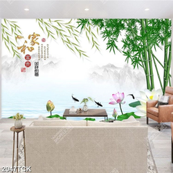 Tranh thủy mạc đầm hoa sen hồng và đàn cá chép in 3d