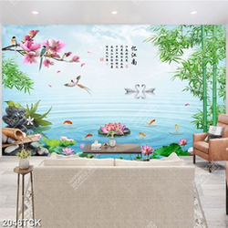 Tranh in uv thủy mạc đầm hoa sen và đàn cá chép vàng