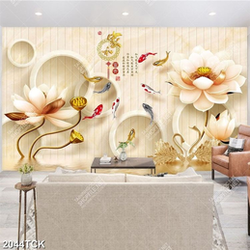 Tranh psd hoa sen cá chép đôi thiên nga trắng in tường